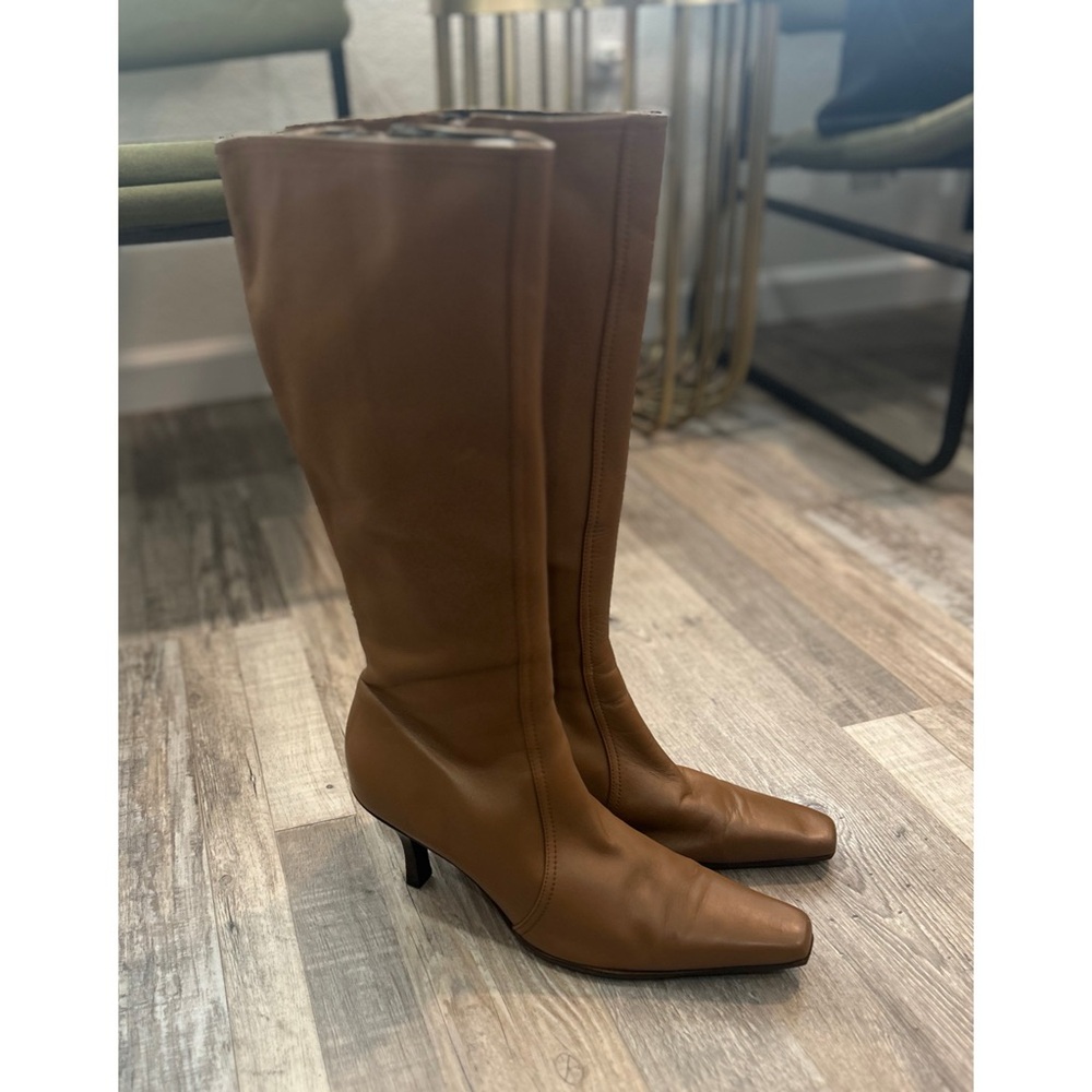 Antonio Melani Vintage Boots 9.5 Tan Knee High Heel Squared Toe Leather 90s Y2k